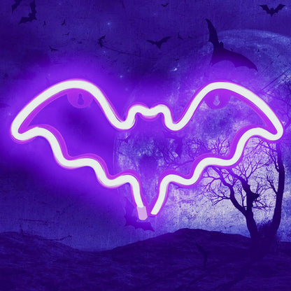 Bat Halloween Neon Signs for Bedroom Bedside Dorm Wall Decor,Neon Light up Halloween Decor LED Night Lights Table Ornaments for Christmas Party, Battery Powered Neon Bat Sign Kids Gifts(2Purple)