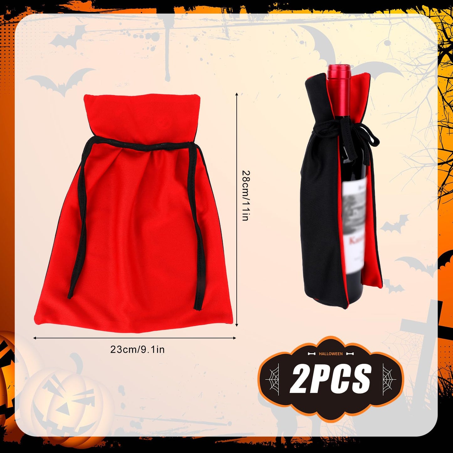 2pcs Halloween Wine Bottle Covers, Knitted Fabric Vampire Cape Bottle Decoration Halloween Party Decorations Home Decor & Themed Events (Black and Red)