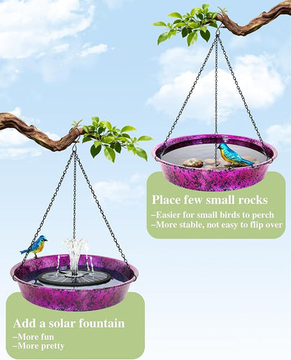 Hanging Bird Bath for Outside, 11.5” Metallic Purple & Blue Metal Birdbath Bowl & Feeder with Black Chain Outdoor Garden Yard Decor