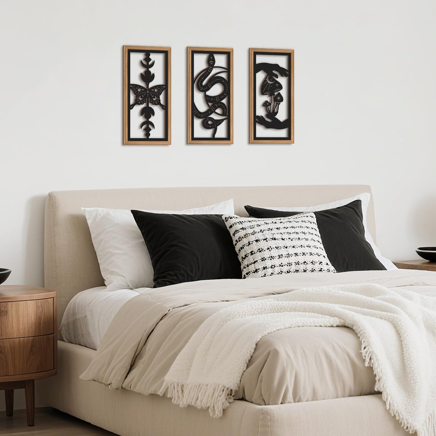 IARTTOP 3 Pcs Black Gothic Wall Art Boho Witchy Moon Phases Butterfly Wood Wall Decor Snake Decor Hanging Art Dark Mushroom Artwork Home Decor for Apartment Living Room Bedroom 7.9 x15.8 Inch
