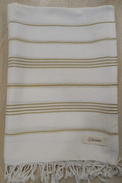 Bersuse Towels Anatolia XL Beach Blanket Throw Blanket Turkish Towel 100% Cotton Extra-Large Quick-Dry Lightweight Premium Peshtemal Towel - 61x82 Inches, White Gold