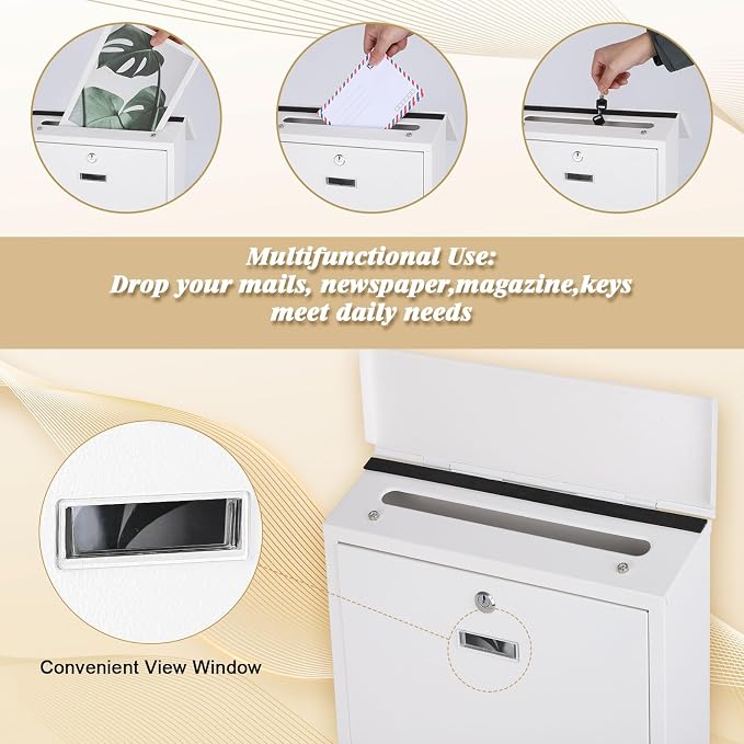 xydled Mail Boxes with Key Lock,Locking Mailbox Wall Mounted,Security Metal Mailbox Drop Box, Modern Large Capacity,Steel Cover Metal Postbox for House Home Outside, White, 14.2''x12.6''x4''