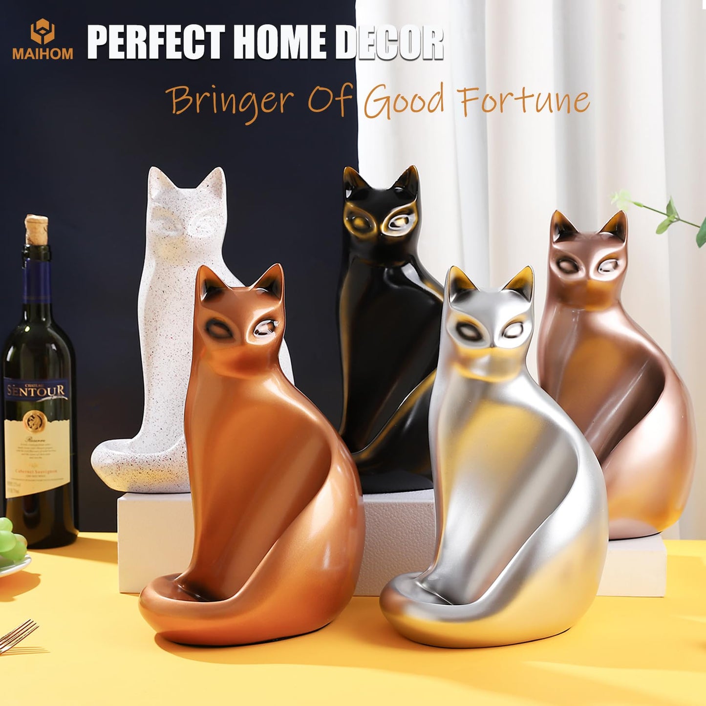 MAIHOM Tabletop Wine Rack Elegant Cat Shaped, Cat Decor Resin Wine Bottle Holder, Decorative Wine Storage for Home Bar, with Packaging for Cat Lovers Women, Silver