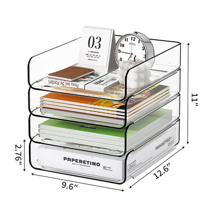 FANXIYQ 4-Tier Acrylic Paper Tray Organizer, Clear Stackable Desk File Organizer for Documents, Files, Letters, A4 Paper, Books, Notes, Mail & Paper Storage, Office Classroom Home