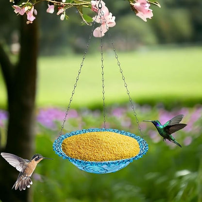 4 Pack Hanging Bird Baths Bowl Outdoor Bird Feeder 15.7 Inch Metal Chains, Weather-Resistant Hanging Bird Feeder & Bath Tray for Garden, Patio, Backyard Wildlife Decor (2P Blue)