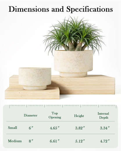 YBX YIBOXUAN Succulent Pots, 8 Inch + 6 Inch Plant Pots for Plants with Drainage Hole, Indoor Outdoor Ceramic Planter, Set of 2 Round Flower Pots for Succulent and Plants, Beige