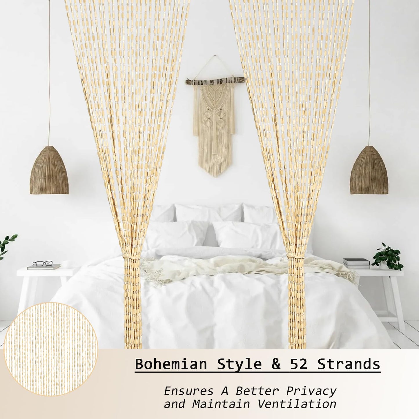 HYVAKUPPA 35.5" x 75" Bamboo and Wood Beaded Curtain for Doorway 52 Strands Handmade Bohemian Door Beads Curtain Boho Hanging Room Divider for Bedroom Living Home Deco, Beige