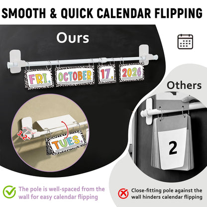 Upgraded 2-in-1 Flip Calendar for Classroom with Magnetic & Adhesive Fixing, Adjustable Magnetic Rod Flip Calendar for Whiteboard, Black and White Classroom Decor Bulletin Board Set (Speckled)