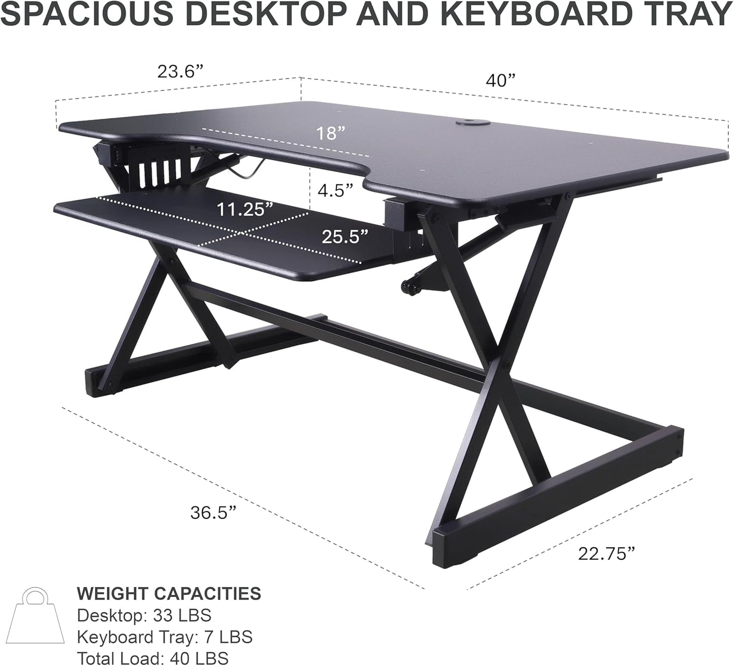 Rocelco 40" Height Adjustable Standing Desk Converter with AC Outlet USB Charger and Dual Monitor Arm Mount - Sit Stand Up Tabletop Riser - Sliding Keyboard Tray - Black (R DADRB-40-ACUSB-MA2)