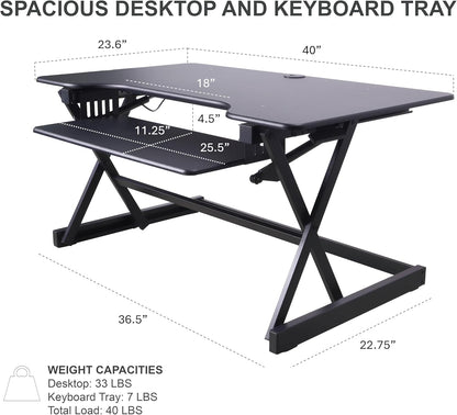 Rocelco 40" Height Adjustable Standing Desk Converter with AC Outlet USB Charger and Dual Monitor Arm Mount - Sit Stand Up Tabletop Riser - Sliding Keyboard Tray - Black (R DADRB-40-ACUSB-MA2)