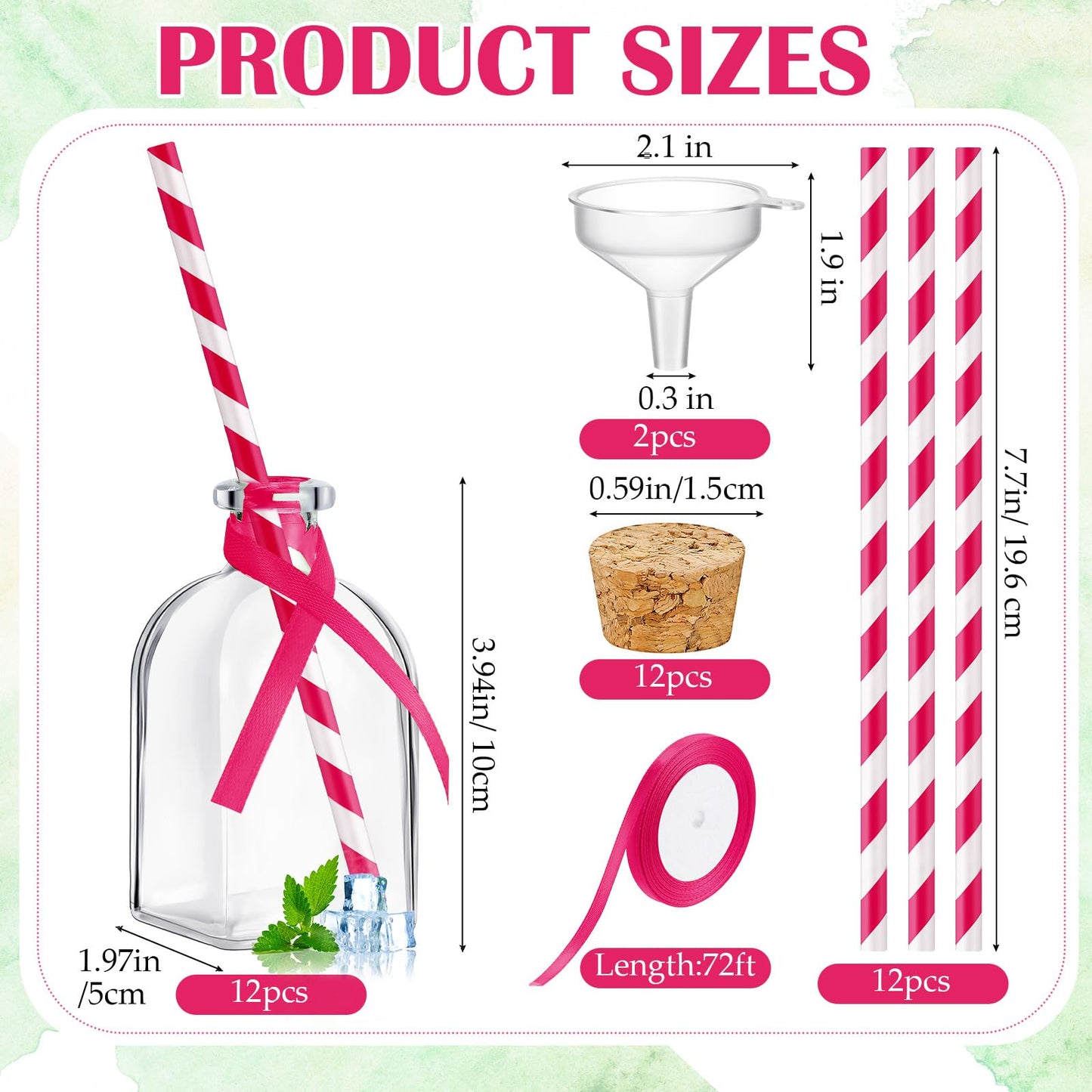 Baderke 12 Pcs Glass Bottles with Cork and Straw 4 oz Mini Empty Glass Bottle for Drinks Reusable Liquor Bottles with Silk Ribbon and Funnels for Cocktail, Wedding Party (Rose Red)