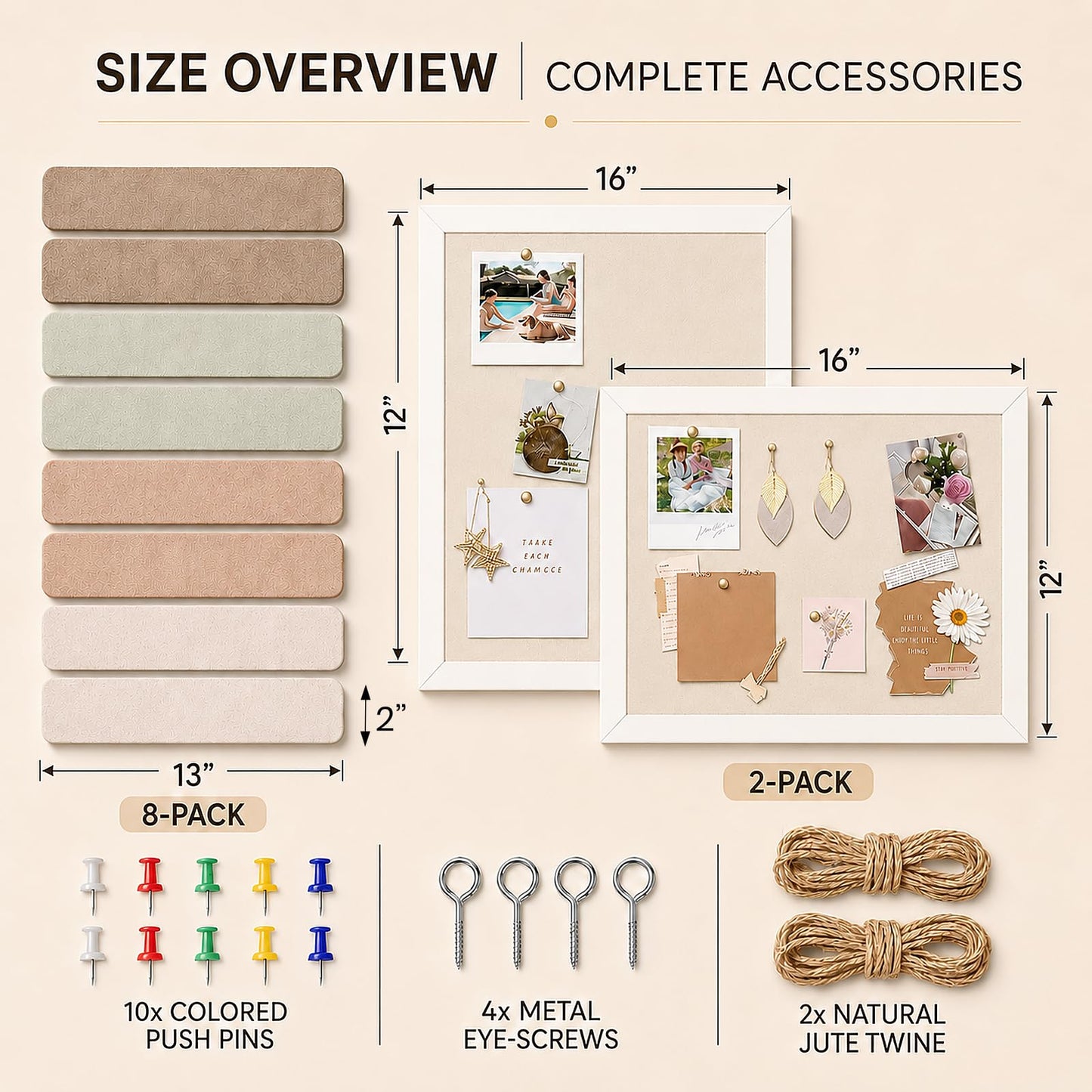 OKSON Bulletin Board Set, 2-Pack 12"x16" Framed Linen Cork Boards for Walls & 8-Pack Felt Strips, Decorative Pin Board & Vision Board for Home Office Decor, Includes Push Pins & Hardware