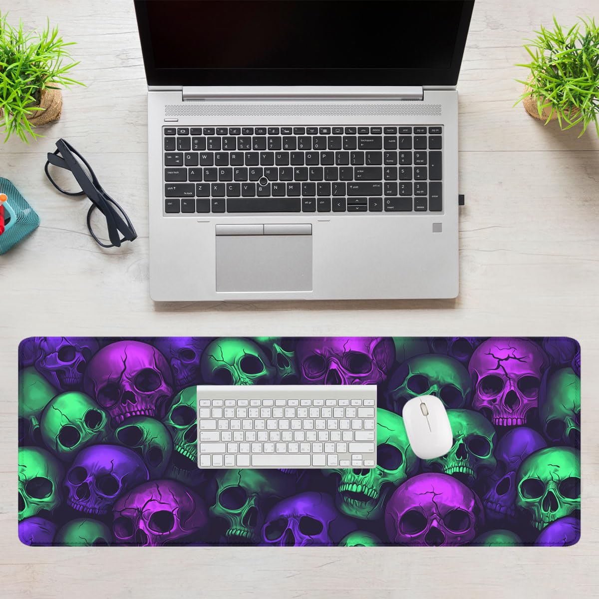 Neon Skull Gaming Mouse Pad Purple Green Gothic Halloween Skeleton Extended Keyboard Mouse Mat for Computer Office, Big Laptop Mouse pad, Gaming Pc 31.5x11.8 in