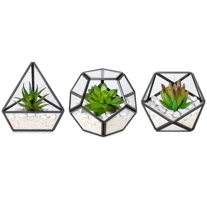 Mkono Artificial Succulent in 3 Pack Mini Glass Geometric Terrarium, Miniature Potted Faux Plant Bookshelf Desk Boho Office Room Decor for Women Girls Dorm Gift Idea, Black