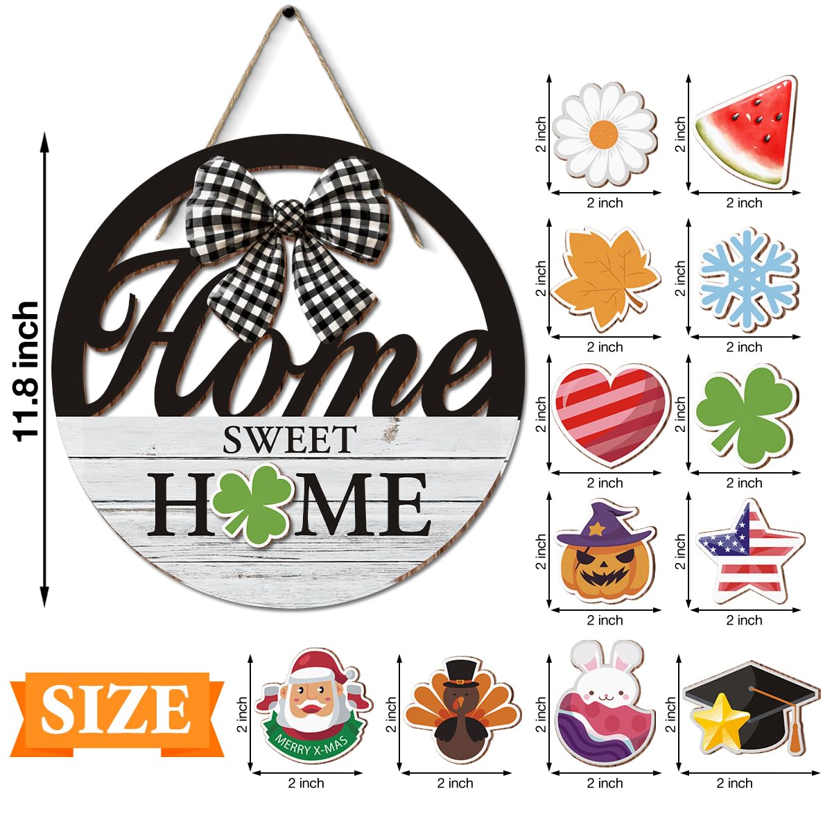 Interchangeable Seasonal Home Sweet Home Hanging Sign - Farmhouse Front Door Decoration for Spring All Seasons Holidays - Rustic Round Wood Wreaths with 12 Icons(White)