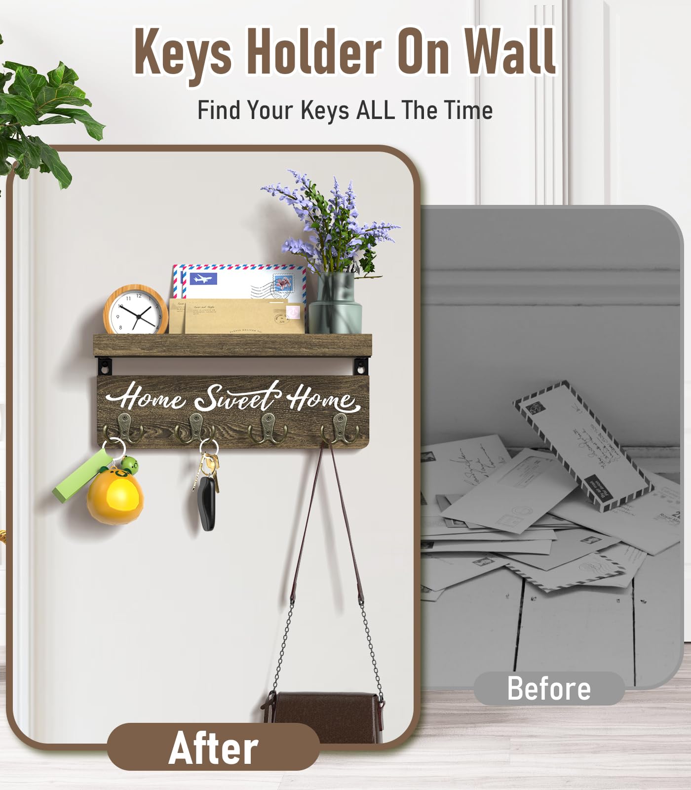buways Wall-Mounted Key and Mail Holder, Wooden Key Rack with 4 Double Key Hooks, Rustic Home Decor for Entryway