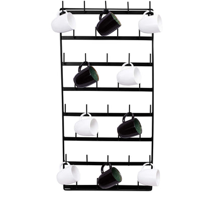BIRDROCK HOME 36 Peg Coffee Mug Organizer Wall - 8 Tier Wall Mounted Coffee Mug Holder - Tea Cup Display Shelf Wall Mounted - Heavy Duty Decorative Kitchen Bar Organizer Flat Metal Steel Rack - Black