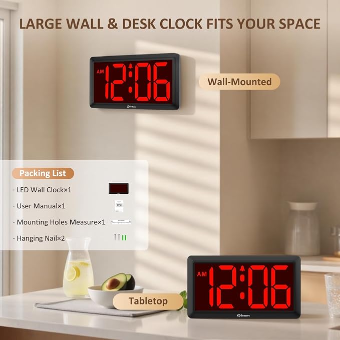 Soobest 9.5 Inch LED Digital Wall Clock Battery Operated, Auto & Manual Dimmer Display, Easy to Read Big Digits with Alarm for Seniors, Modern Decor for Living Room, Bedroom, Office (3.2" Numbers)