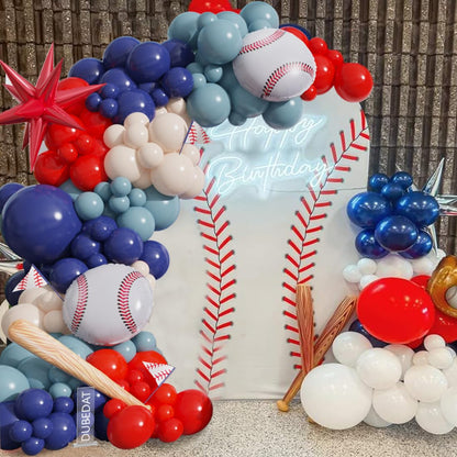 Baseball Balloon Garland Arch Kit,141pcs Red White Deep blue Twilight blue with 3D Baseball bat Star Balloons for Party Supplies