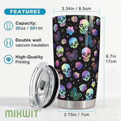 MIXWIT 20oz Rainbow Skull Stainless Steel Insulated Tumbler with Lid Colorful Floral & Butterflies Gothic Punk Style Coffee Travel Mug Cup Birthday Halloween Christmas Skull Gifts for Women