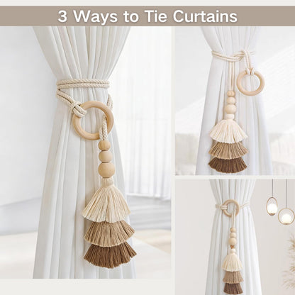 SPRFAIRY 2PCS Boho Curtain Tiebacks Handmade Rope Curtain Tiebacks Drapery Curtain Holdbacks for Indoor Outdoor Drapes Decorative (Beige)