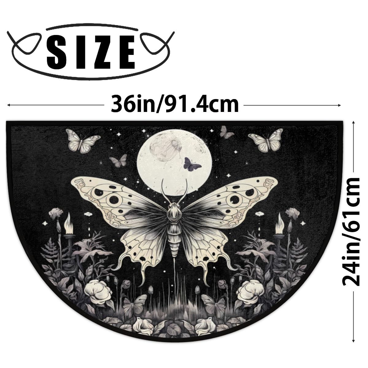 DXTKWL Retro Gothic Butterfly Half Round Door Mat Indoor Entrance, Moon Flower Non Slip Absorbent Doormats 24 x 36 inch Semi Circle Door Floor Mats Area Rugs for Home Kitchen Patio