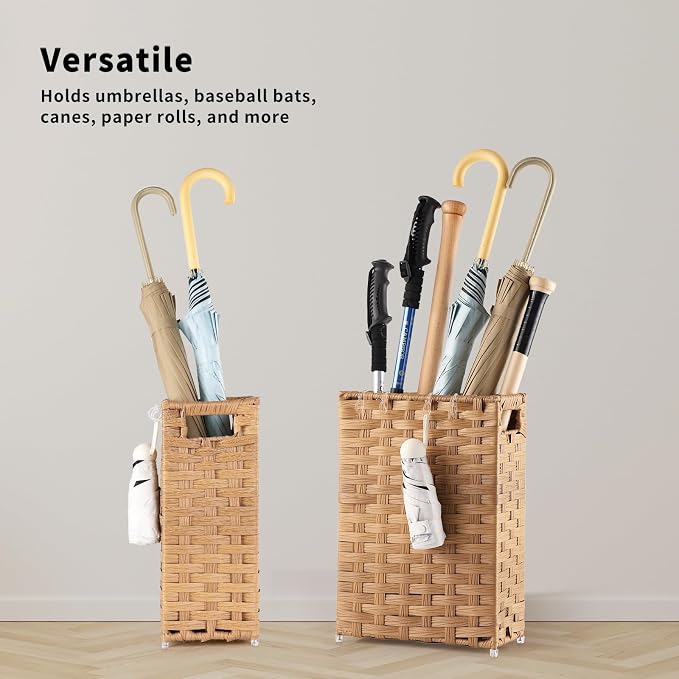 Rattan Umbrella Stand, Umbrella Holder for Entryway, Hand Woven Umbrella Rack Organizer Freestanding, with a Detachable Drip Tray, 4 Hooks, 6.5" L x 6.5" W x 16.5" H, Natural