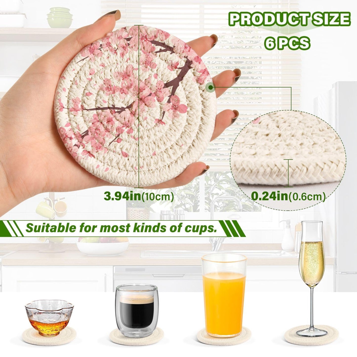 FENOCHE Pink Cherry Blossom Coasters Set of 6 Absorbent Drink Coaster with Holder for Cup Coffee Table Home Decor 3.94 Inch
