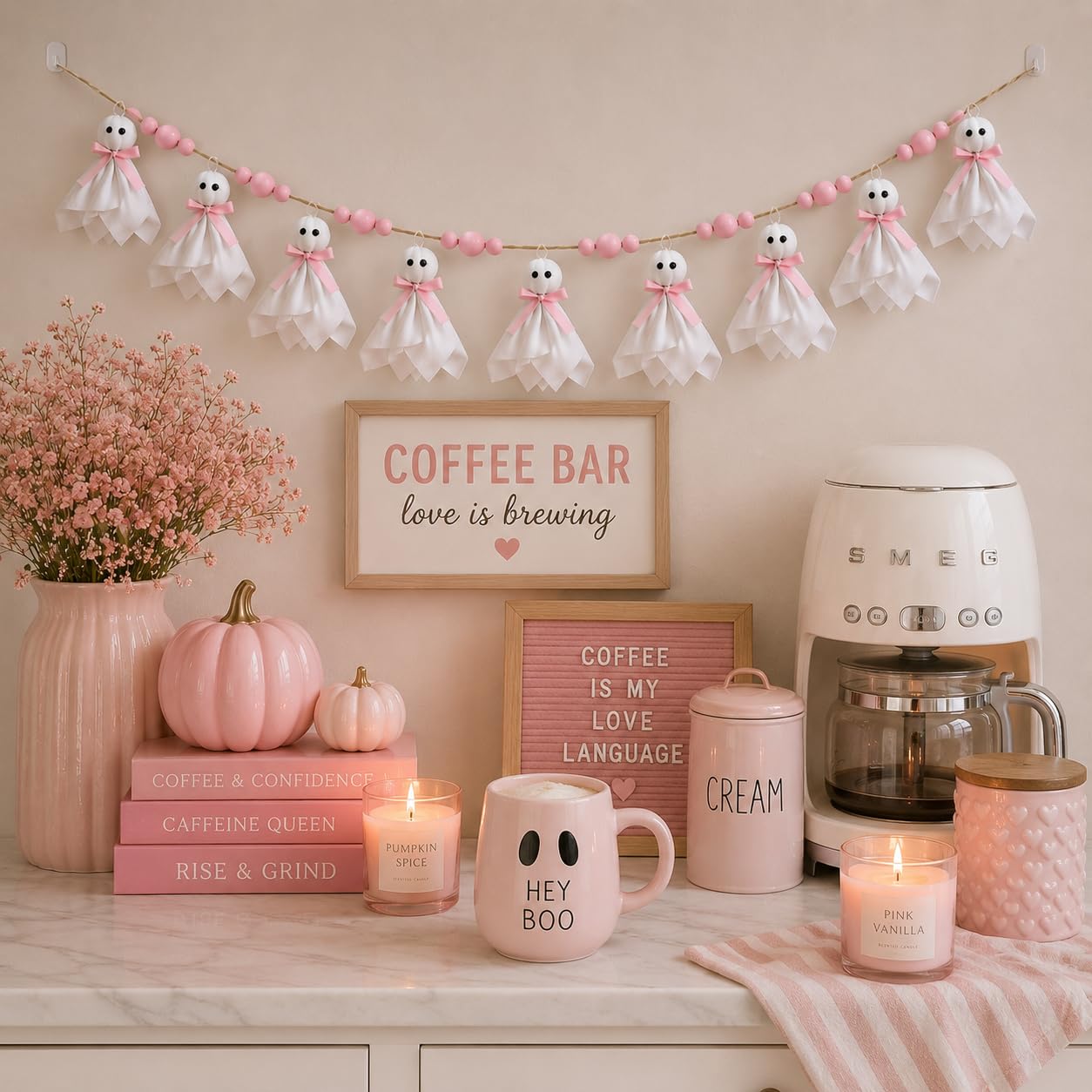 Craflox Pink Halloween Garland Ghost Decor, Pastel Girly Halloween Party Garland for Mantle, 6.6Ft Cute Spooky Pink Wooden Beads Decorations for Home Indoor, Handmade Banner