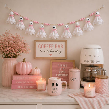 Craflox Pink Halloween Garland Ghost Decor, Pastel Girly Halloween Party Garland for Mantle, 6.6Ft Cute Spooky Pink Wooden Beads Decorations for Home Indoor, Handmade Banner
