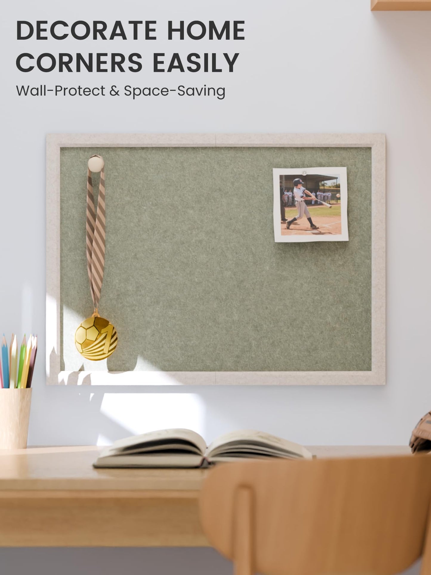 Fluxynara Foldable Cork Board Alternative, Felt Bulletin Board 23.6" x 17.5" Oatmeal Frame with 12 Adhesive Tabs, Pin Board for Home Office, Classroom, Entryway, Kitchen Wall Decor—Sage