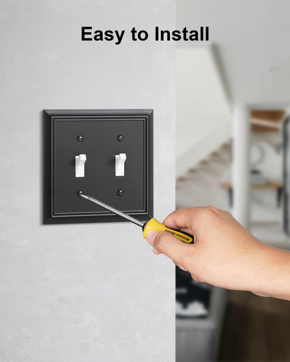 2-Pack Double Toggle Light Switch Cover Plate, Durable Natural Bamboo Fiber Decorative Switch Plate Covers, Matte Black 2 Gang Wall Plate, Corrosion Resistant