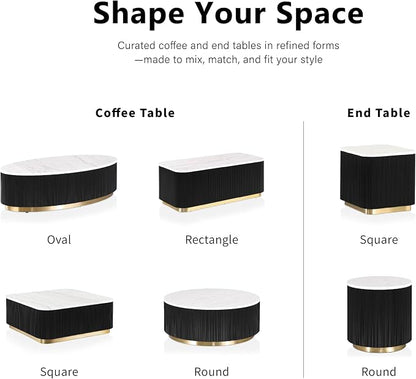 Furniture of America Beryl Modern Square White Genuine Marble Top Coffee Table with Fluted Pedestal Base and Gold Stainless Steel Accent, Low Profile Table for Living Room, Home Office, Black