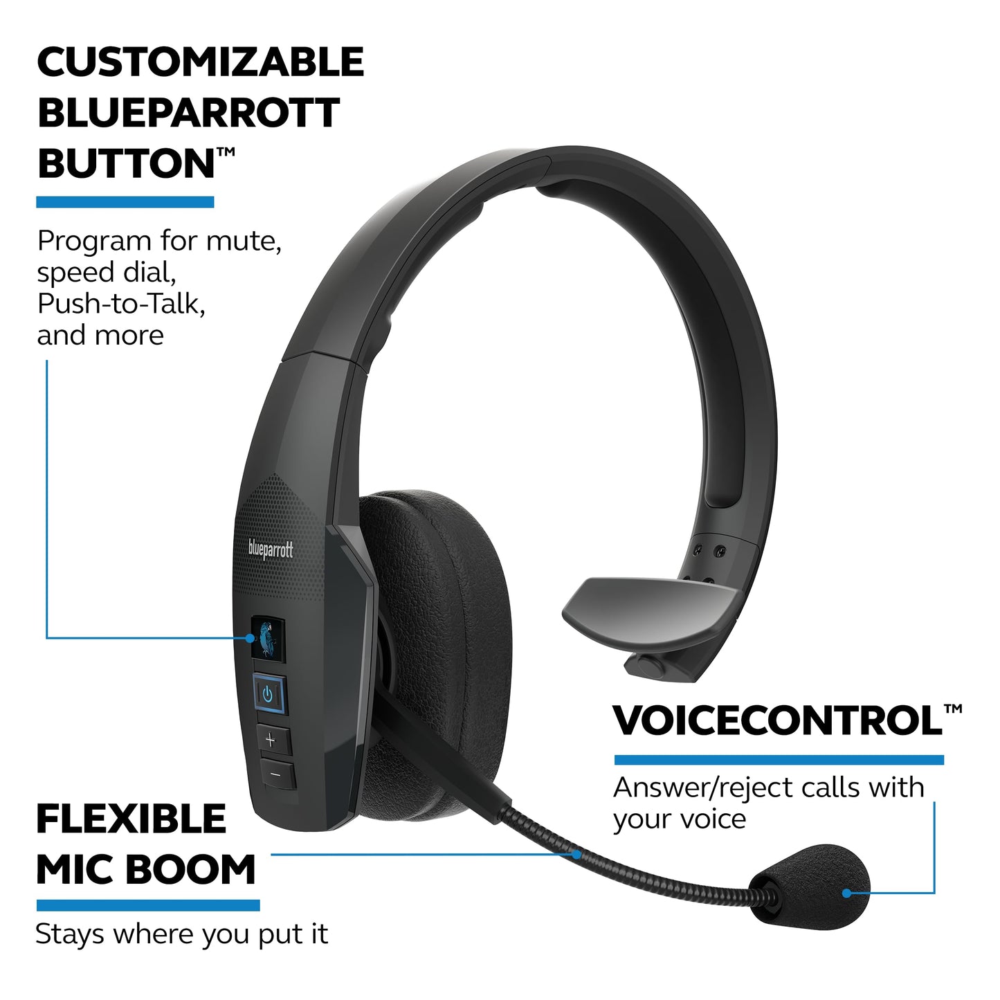 BlueParrott B450-XT Mono Bluetooth Wireless Headphones 96% Noise Canceling Over Head Trucker Headset with Mic, All Day Comfort Padded Headband, 300 ft. Wireless Range, 24 hrs. Talk Time, Black