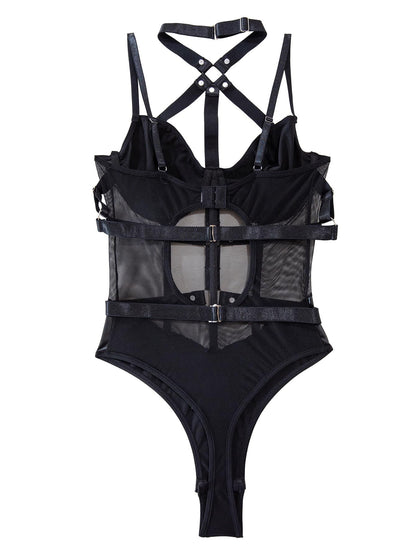 Lilosy Sexy Crisscross Choker Leather Underwire Push Up Mesh Sheer Babydoll Women Harness Teddy Bodysuit Nightgown Nightshirt One Piece Pu Latex Black Medium