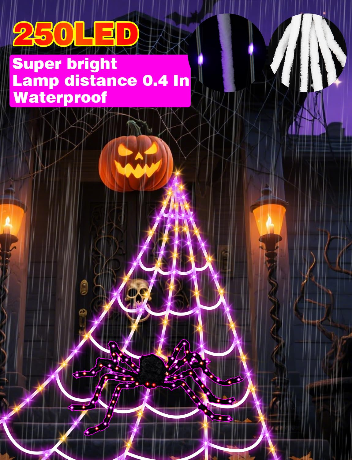 LCHUANG Spider Webs Halloween Decorations Lights - 250 LEDs Outdoor Halloween String Lights with 60" Light Up Spider,8 Modes Remote Control 16.4Ft Spiderweb,Waterproof (Orange+Purple)