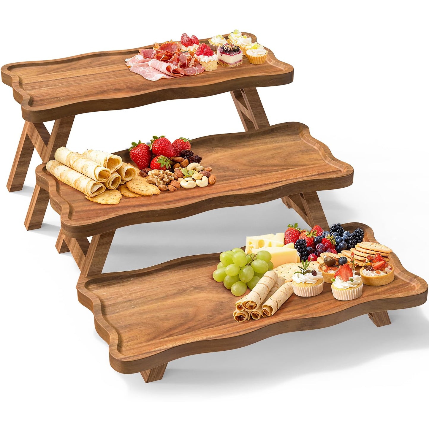 Acacia Wood 3 Tier Cupcake Stand, Serving Tray for Party, Foldable Dessert Table Display Set, Tiered Tray Decor for Party, Birthday, Wedding, Christmas