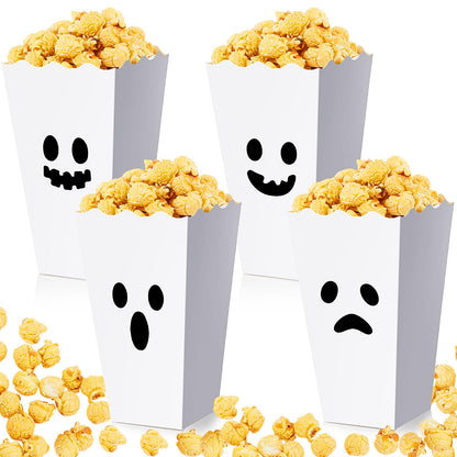 Mimorou 24 Pcs Halloween Popcorn Boxes Bulk Trick or Treat Snack Boxes Ghost Theme Paper Candy Cookie Biscuits Container Halloween Party Supplies for Party Decorations