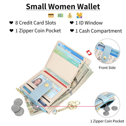 GAEKEAO Small Wallet for Women RFID Blocking Bifold Card Holder Vegan Leather with Zipper Coin Pocket, ID Window, Keychain