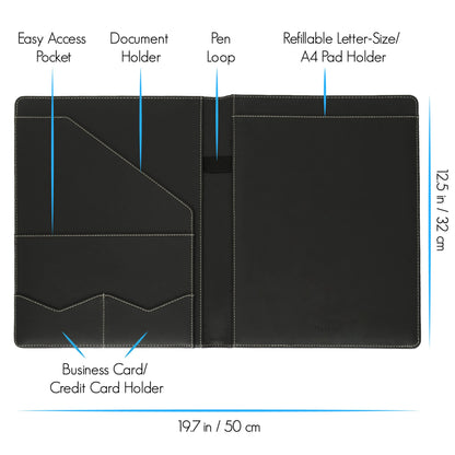 STYLIO Padfolio Portfolio Organizer Binder | Interview Resume Folder, Legal Document, Business Card Holder |w/Letter-Sized Notepad | Handsome Piano Noir Faux Leather Folio Matte Finish, Accent Stitch