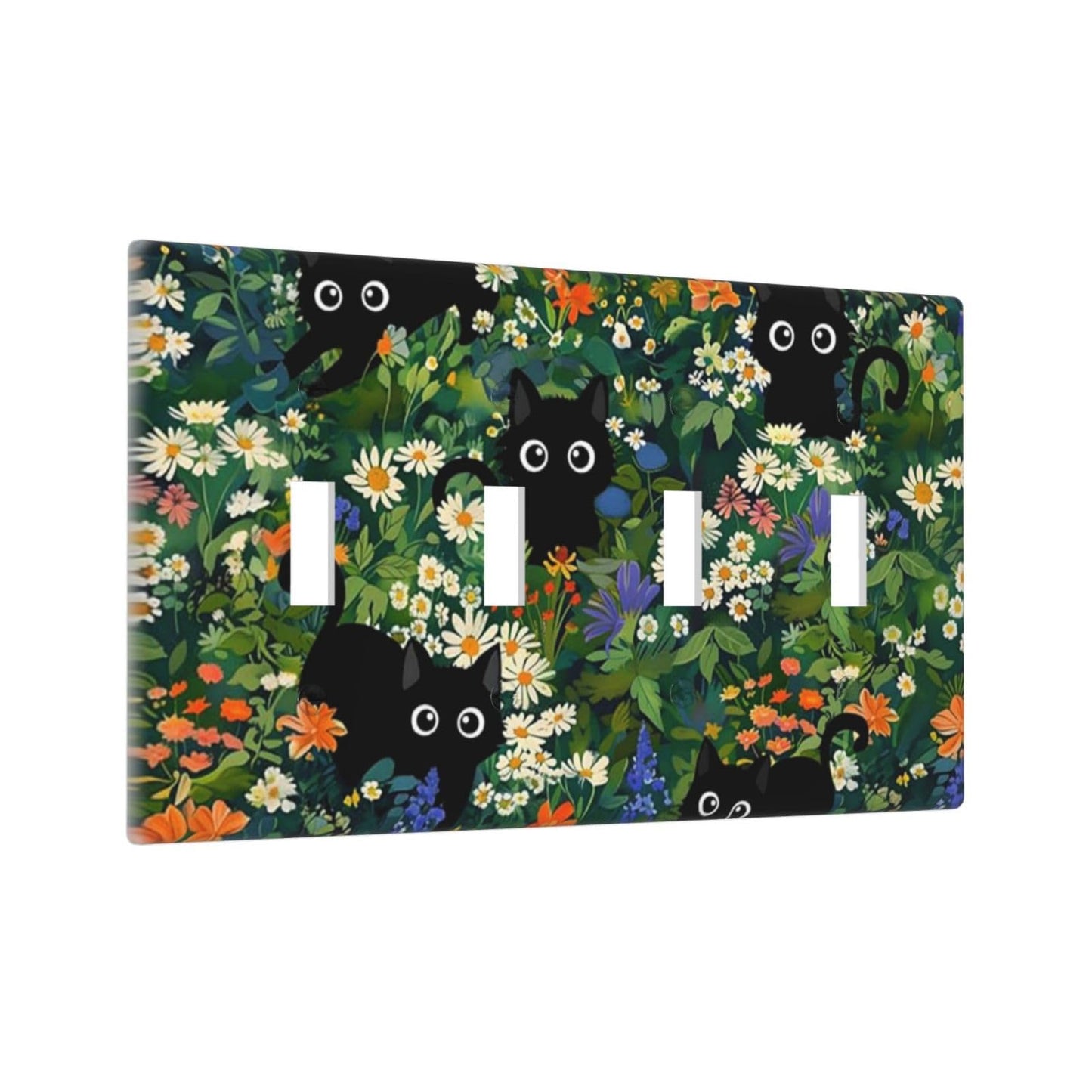 Cute Black/Green Cats Decorative 4-Gang Quad Toggle Light Switch Wall Plate Cover, Nursery Playroom Summer Floral Flower Jungle Quadruple Toggle Device Switches Wall Plate Outlet Covers Standard Size
