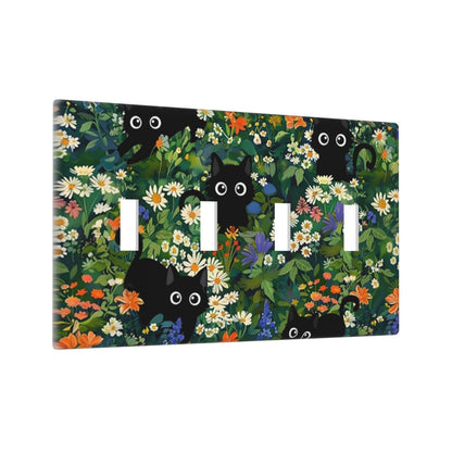 Cute Black/Green Cats Decorative 4-Gang Quad Toggle Light Switch Wall Plate Cover, Nursery Playroom Summer Floral Flower Jungle Quadruple Toggle Device Switches Wall Plate Outlet Covers Standard Size