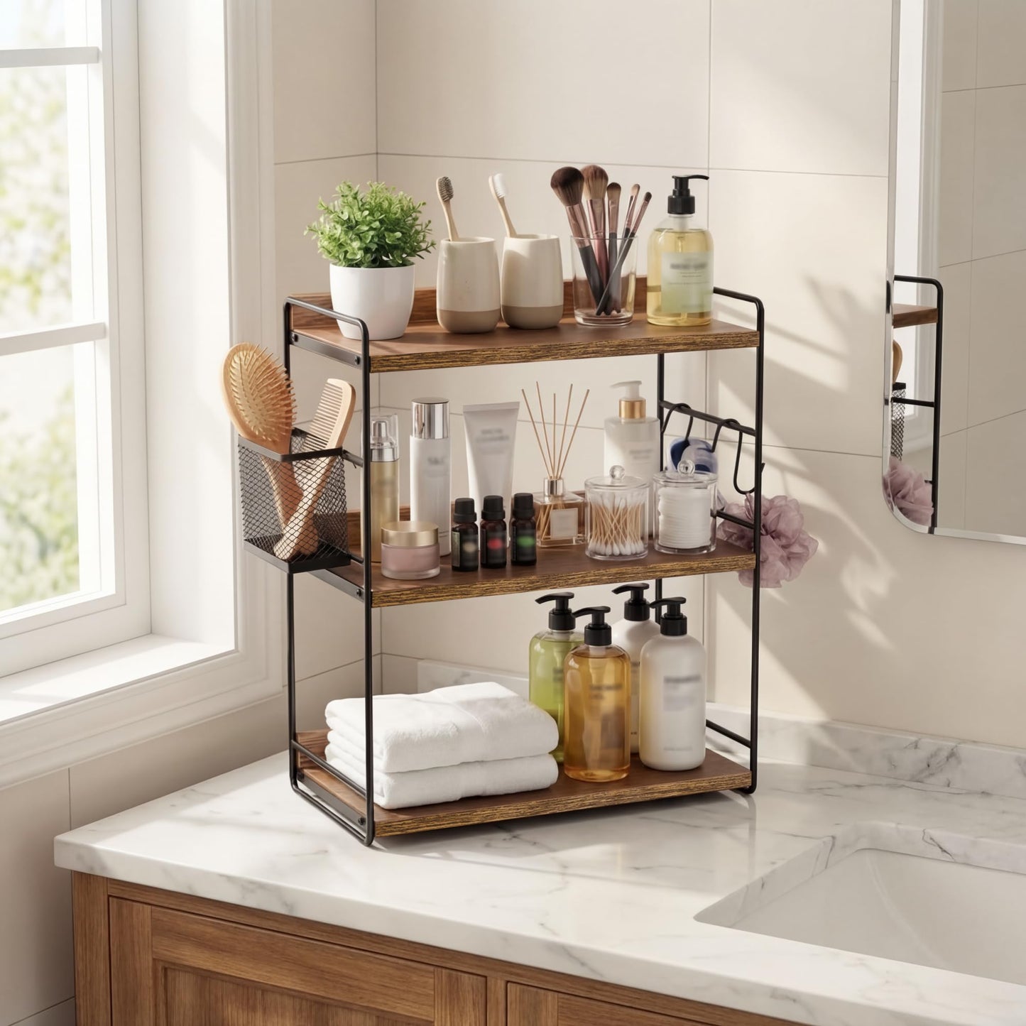 Naeqieo 3-Tier Bathroom Counter Organizer with Basket, Vanity Organizer Counter Shelf for Skincare & Makeup Storage, Wood Countertop Organizers for Kitchen, Bathroom, Dresser (Brown)