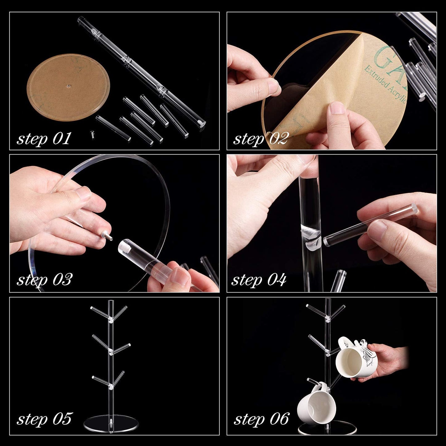 Patelai 14 Inch Acrylic Coffee Mug Tree Coffee Mug Rack Cup Holders for Counter with 6 Hooks Removable Stands(Acrylic,Clear)