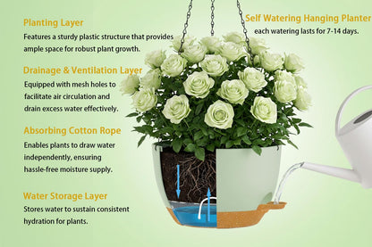 XQSHPDM Hanging Planters, 3-Pack 10 Inch Self-Watering Pots with Drainage Holes and Chains, Matte Plastic Planters for Indoor/Outdoor Plant（Green Brown）