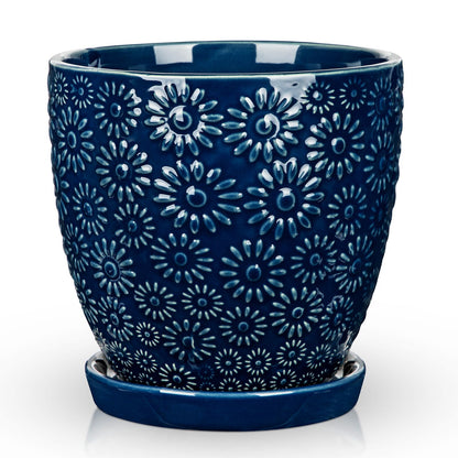 Hollyone 6 Inch Blue Ceramic Planter Flower Plant Pot with Drainage Hole and Saucer for Plants Embossed Indoor Outdoor Garden Embossed Ceramic Glazed Round Pot for Succulent Orchid Sunshine Pattern