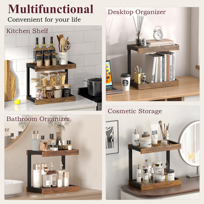 MARTY 2 Tier 15.75"x8.9" Large Countertop Shelf Organizer Spice Rack, Coffee Station Organizer for Mugs Cups, Wooden Shelf Desktop Storage Organizer for Kitchen Bathroom Home Office (Rustic Brown)