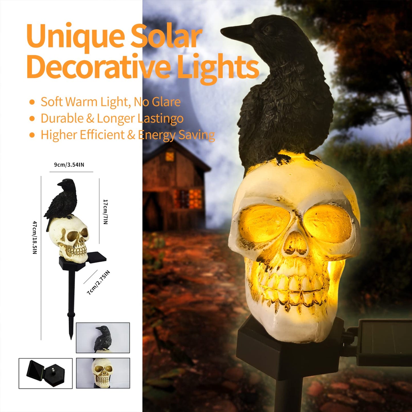 QH & Garden Halloween Outdoor Decoration Solar Lights, Waterproof Ghost Lights, Skull Solar Garden Statue with Black Crow on Skull, Skeleton Stakes with LED, Stunning Halloween Decorations