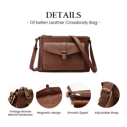 befen Genuine Leather Purses for Women Small Crossbody Purse with Built in RFID Wallet Soft Real Leather Cross Body Bags Brown Shoulder Bag with Adjustable Strap Trendy Handbag for Trave L& Daily