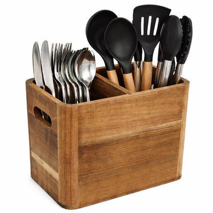 Utensil Holder, Kitchen Utensil Holder, Acacia Wooden Utensil Holder, Kitchen Utensil Holder for Countertop, Medium Utensil Holder for Storage Cooking Tools and Silverware with 2 Compartments